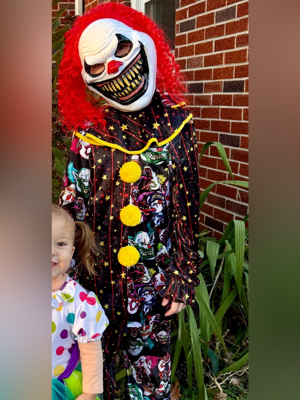 Kids Scary Clown Costume with Red Wig and Yellow Pom-Poms